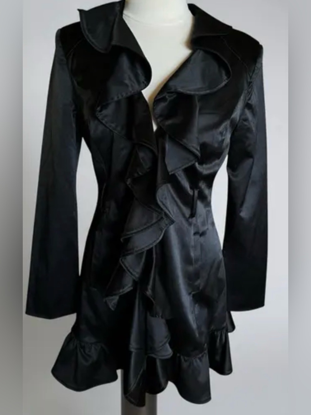 Bebe Black Silky Ruffled Belted Coat
